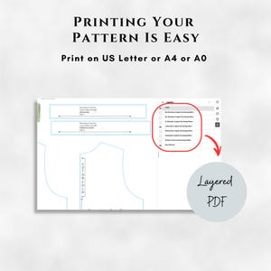 May include: A digital sewing pattern displayed on a computer screen, with the text "PRINTING YOUR PATTERN IS EASY" and "Print on US Letter or A4 or A0". The image includes a layered PDF graphic.