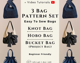 Ensemble de patrons de couture pour sacs : patrons de sac seau, sac à nœud et sac hobo (PDF faciles pour débutants)