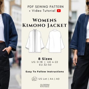 May include: A denim kimono jacket is shown on a model. The image also features a PDF sewing pattern with a video tutorial. The pattern includes 8 sizes, US 0-18, UK 4-22, and EU 32-50. The text says "Easy To Follow Instructions."