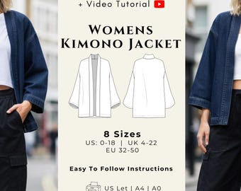 Kimono Jacket Pattern PDF Sewing Pattern Women, Kimono Jacket Sewing Pattern Beginner, Printable Womens Kimono Jacket Pattern XXS-3XL