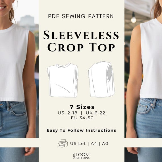Crop Top Pattern (PDF Sewing Pattern) | Easy Womens Crop Top Sewing Pattern | Beginner Friendly Printable Cropped Top Pattern PDF