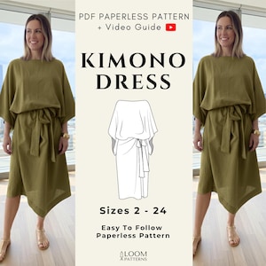May include: An olive green kimono dress with a tie waist, as seen on a person. The image includes text that reads "KIMONO DRESS" and "Sizes 2-24". The dress is a paperless pattern with a video guide.