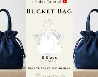 Patron de couture pour sac seau | Patron PDF facile pour sac à cordon (idéal pour débutants, 5 tailles)
