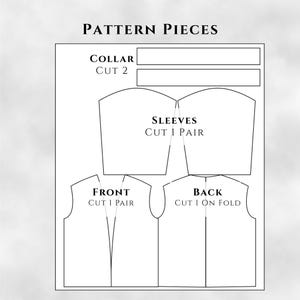 May include: A white pattern piece diagram with the text "PATTERN PIECES". The diagram includes outlines for a collar, sleeves, front, and back of a garment, with cutting instructions. The text "CUT 2", "CUT 1 PAIR", and "CUT 1 ON FOLD" are also visible.