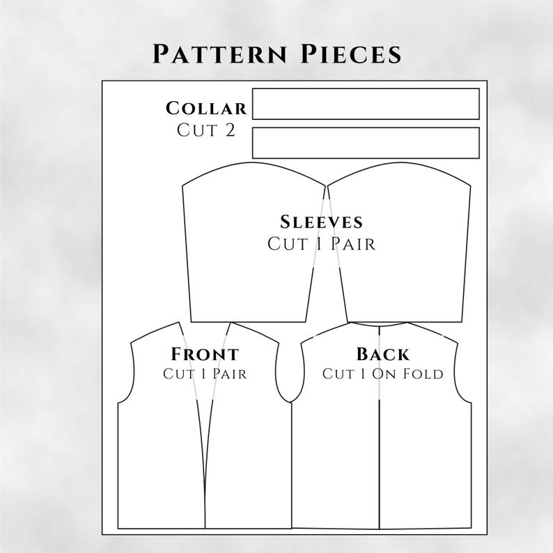 May include: A white pattern piece diagram with the text "PATTERN PIECES". The diagram includes outlines for a collar, sleeves, front, and back of a garment, with cutting instructions. The text "CUT 2", "CUT 1 PAIR", and "CUT 1 ON FOLD" are also visible.