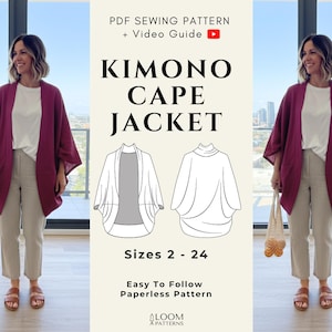 May include: A PDF sewing pattern for a Kimono Cape Jacket. The image shows a woman wearing a burgundy jacket, white shirt, and tan trousers. The pattern includes sizes 2-24 and is described as easy to follow. The text also mentions a video guide.