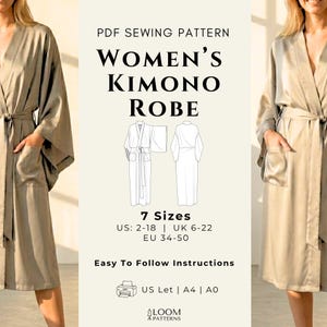 May include: A PDF sewing pattern for a kimono robe. The image shows a woman in a light brown robe with pockets and a belt. The text on the image says "WOMEN'S KIMONO ROBE" and lists sizes UK 6-22, EU 34-50, and US 2-18. The pattern includes easy-to-follow instructions.