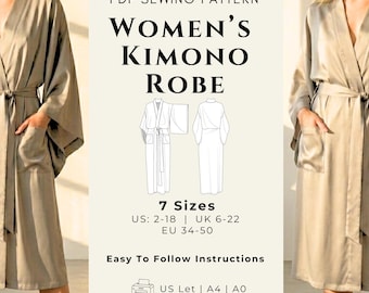 Dressing Gown Sewing Pattern PDF | Women's Kimono Robe XS-3XL | Modern Robe Pattern with Obi Sash | Easy Loungewear Pattern with Pockets