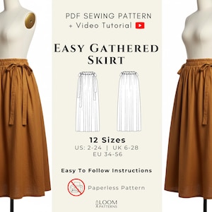 May include: A PDF sewing pattern for an easy gathered skirt. The image shows a skirt in a warm brown color on a mannequin. The text on the image says "Easy Gathered Skirt" and "12 Sizes" with US, UK, and EU size ranges. Includes video tutorial and easy-to-follow instructions.