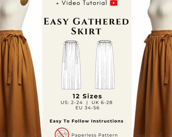 Gathered Skirt Pattern (PDF Sewing Pattern) | Easy Gathered Skirt Sewing Pattern Beginner | Printable Gather Skirt Pattern With Pockets