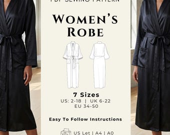 Dressing Gown Pattern PDF | Women’s Robe Sewing Pattern XS-3XL | Modern Loungewear Pattern with Pockets | Easy Bathrobe Sewing Pattern