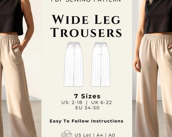 Wide Leg Pants Sewing Pattern PDF | Women's Wide-Leg Pants Sewing Pattern XS-3XL | Easy Trouser Sewing Pattern with Pockets | Palazzo Pants