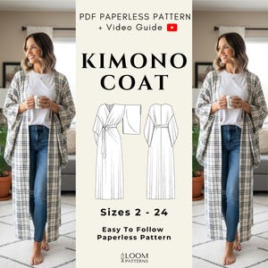 Op de afbeelding: Een vrouw draagt een zwart-witte geruite kimonojas over een wit t-shirt en een blauwe spijkerbroek. De afbeelding bevat een lijntekening van een kimonojas en de tekst "KIMONO COAT" en "Maten 2-24".
