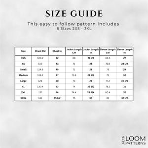 May include: A size guide chart with measurements in inches and centimeters. The chart includes sizes from 2XS to 3XL, with chest, jacket length, and sleeve length measurements. The text "SIZE GUIDE" is at the top.