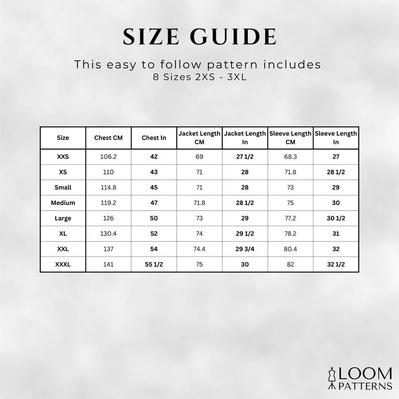 May include: A size guide chart with measurements in inches and centimeters. The chart includes sizes from 2XS to 3XL, with chest, jacket length, and sleeve length measurements. The text "SIZE GUIDE" is at the top.