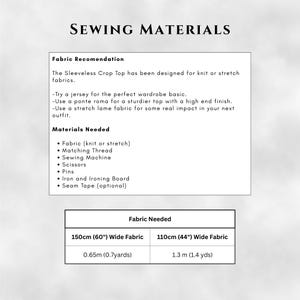 May include: A white graphic with the text "SEWING MATERIALS" at the top. Below, a list of fabric recommendations and materials needed for a sleeveless crop top. The image also includes fabric measurements in inches and yards.