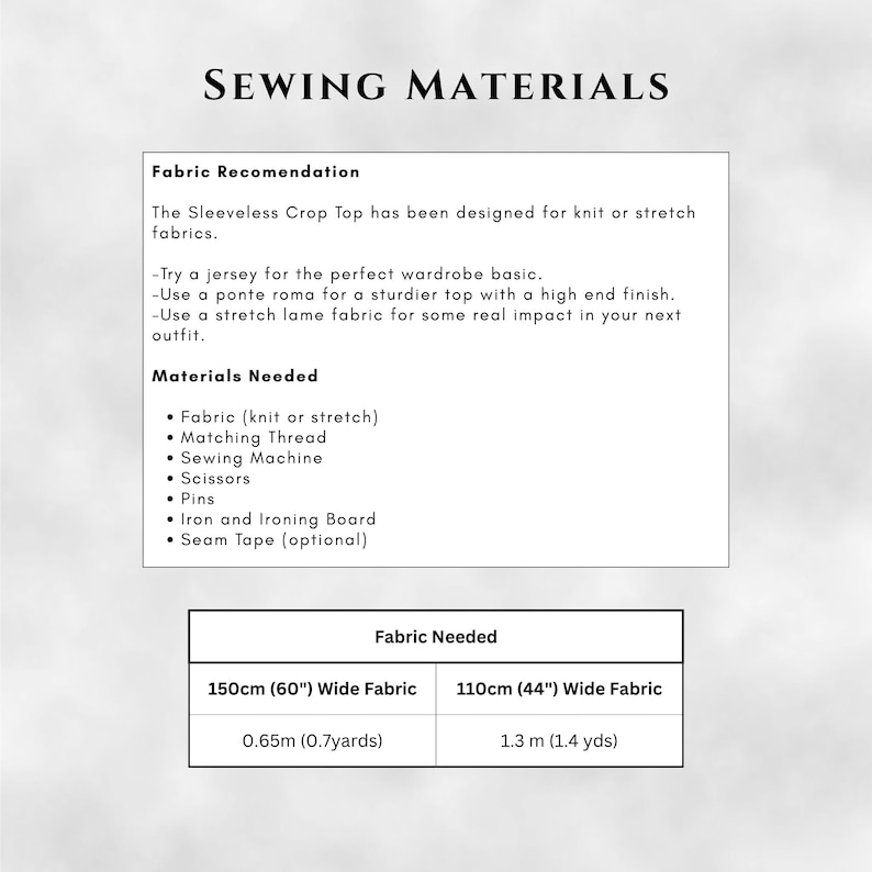 May include: A white graphic with the text "SEWING MATERIALS" at the top. Below, a list of fabric recommendations and materials needed for a sleeveless crop top. The image also includes fabric measurements in inches and yards.