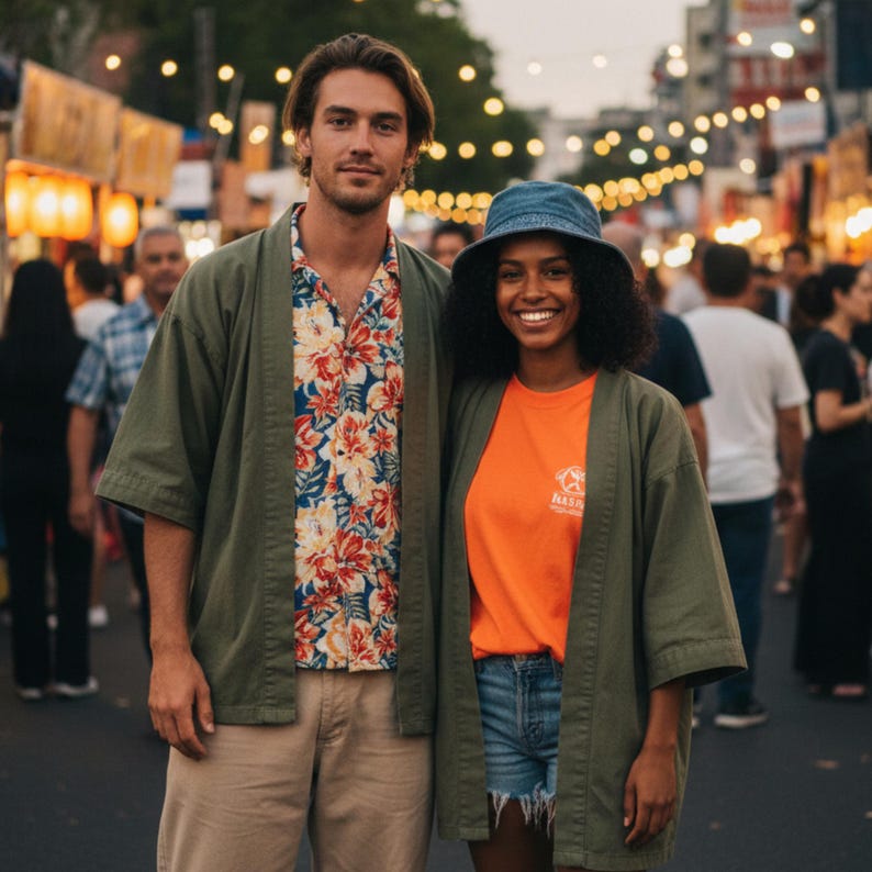 May include: Two people wearing olive green jackets and standing in a crowded outdoor market. The person on the left is wearing a floral shirt and khaki pants. The person on the right is wearing an orange t-shirt and denim shorts.