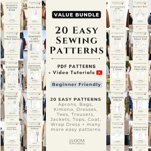 May include: A digital value bundle of 20 easy sewing patterns including PDF instructions and video tutorials. The collection features various garments and accessories such as kimonos, dresses, aprons, bags, trousers, and tops for beginners.