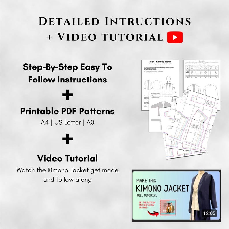 May include: Image featuring instructions for making a kimono jacket. The image includes step-by-step instructions, printable PDF patterns in A4 and US Letter sizes, and a video tutorial. The text reads "Detailed Instructions + Video Tutorial" and "Make This Kimono Jacket".