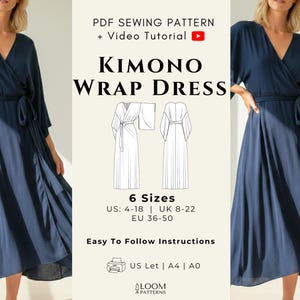 May include: A navy blue kimono wrap dress is shown in a product photo. The image includes a PDF sewing pattern with video tutorial, and the text "KIMONO WRAP DRESS" with size details. The dress is available in UK sizes 8-22.