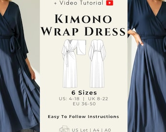 Kimono Wrap Dress Pattern (PDF Wrap Dress Sewing Pattern) | Easy Beginner Wrap Dress Sewing Pattern |  Kimono Sleeve Wrap Dress