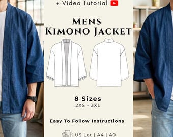 Men's Kimono Jacket Pattern (PDF Sewing Pattern) | Mens Kimono Sewing Pattern Beginner | Printable Japanese Kimono Jacket Pattern PDF