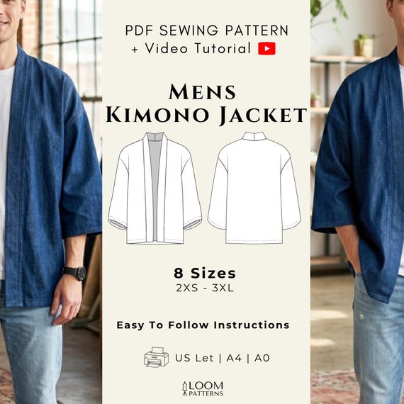Men's Kimono Jacket Pattern (PDF Sewing Pattern) | Mens Kimono Sewing Pattern Beginner | Printable Japanese Kimono Jacket Pattern PDF