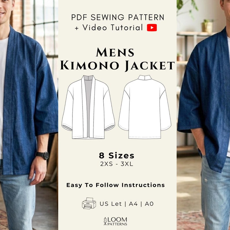 May include: A PDF sewing pattern for a men's kimono jacket. The image shows a denim kimono jacket and line drawings of the jacket. The pattern includes 8 sizes, from 2XS to 3XL, and easy-to-follow instructions.