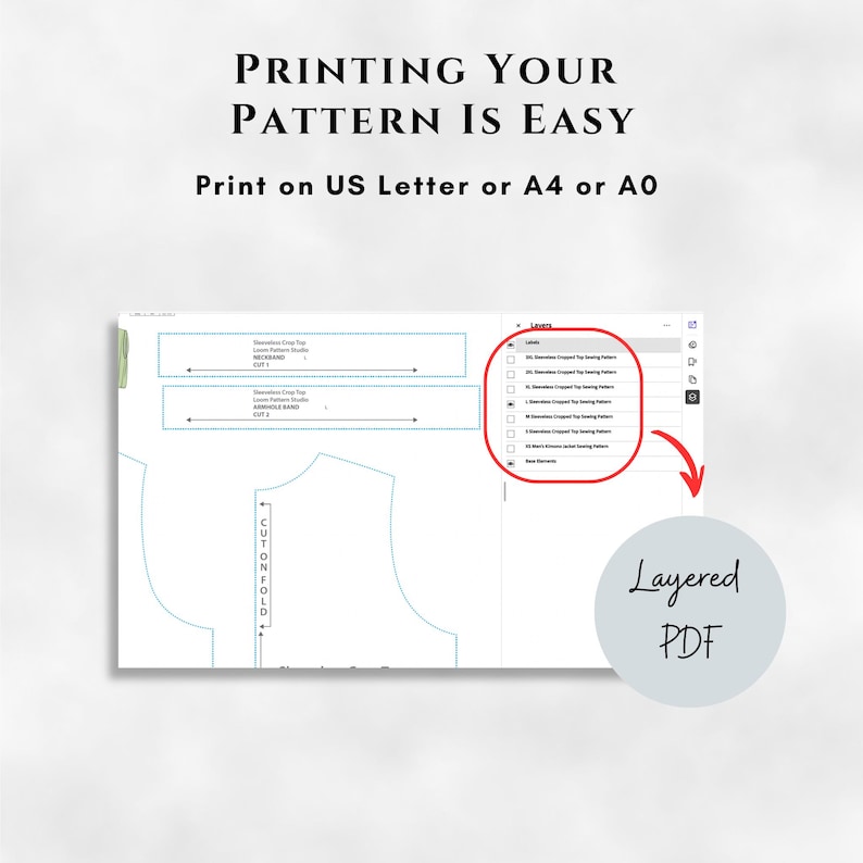May include: A digital sewing pattern displayed on a computer screen, with the text "PRINTING YOUR PATTERN IS EASY" and "Print on US Letter or A4 or A0". The image includes a layered PDF graphic.