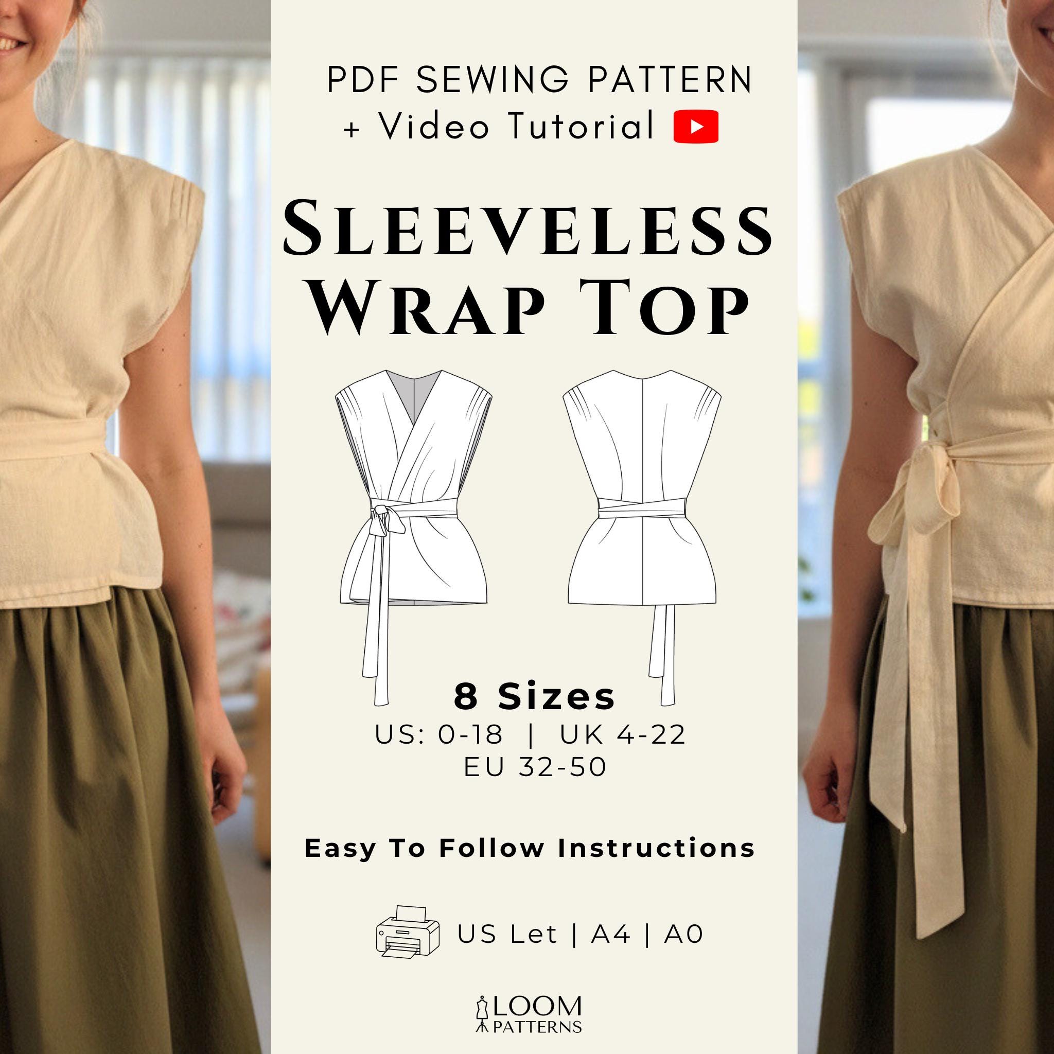 Sleeveless Top Pattern (PDF Sewing Pattern) Women Sleeveless Wrap Top ...