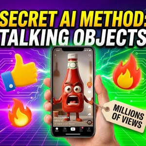 Op de afbeelding: Een smartphone toont een cartoon ketchupfles met een gezicht, armen en benen. De afbeelding is omgeven door duimen omhoog, vlammen en de tekst "SECRET AI METHOD: TALKING OBJECTS" en "MILLIONS OF VIEWS" op een label.