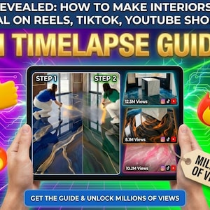 May include: A tablet showing an "AI TIMELAPSE GUIDE" with interior design visuals. The image includes a thumbs-up and flame emojis, and the text "MILLIONS OF VIEWS". The guide promises to help make interiors go viral on Reels, TikTok, and YouTube Shorts.