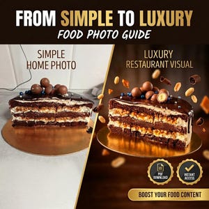 May include: A split image showcasing a slice of layered chocolate cake. The left side displays a simple home photo, while the right side presents a luxury restaurant visual. Text includes "From Simple to Luxury" and "Food Photo Guide."