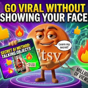 Puede incluir: Imagen promocional con un personaje de Etsy sosteniendo una tableta con el texto "SECRET AI METHOD: TALKING OBJECTS". La imagen promueve volverse viral sin mostrar tu rostro. El texto "GO VIRAL WITHOUT SHOWING YOUR FACE!" se muestra en la parte superior.