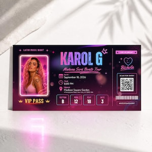 Könnte beinhalten: Ein rechteckiger VIP-Pass für die Mañana Será Bonito Tour von Karol G am 18. September 2026 im Madison Square Garden. Das Ticket zeigt ein Porträt der Künstlerin, einen QR-Code für den Einlass, Sektion B, Reihe 12, Platz 18, Tor 3 und Neonakzente.