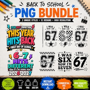 Könnte beinhalten: Ein digitales Grafikdesign-Paket mit Schulthemen und Texten wie "This Year Hits Back", "I Was 6 Now I Am 7" und "6-7 Hits Different". Die Sammlung zeigt verschiedene Schriftarten, Sterne, Blitze und Kronen als grafische Elemente.