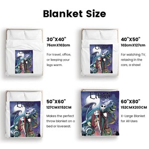 May include: A selection of four blankets with different sizes, each featuring a colorful illustration of characters. The sizes are 30"x40", 40"x50", 50"x60", and 60"x80". The text "Blanket Size" is at the top.