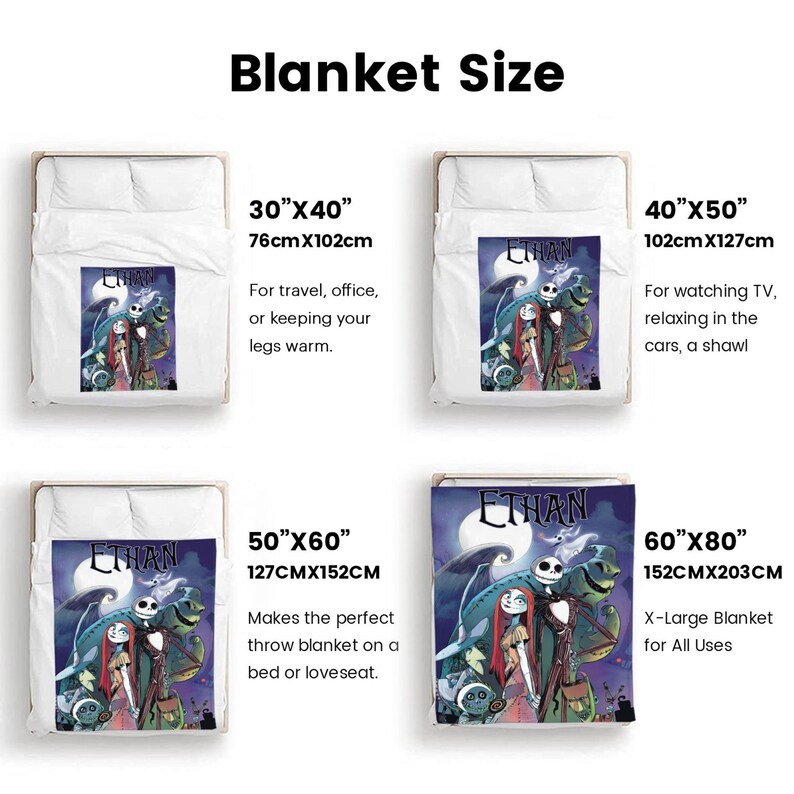 May include: A selection of four blankets with different sizes, each featuring a colorful illustration of characters. The sizes are 30"x40", 40"x50", 50"x60", and 60"x80". The text "Blanket Size" is at the top.
