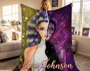 Personalized Blanket with Custom Name, Cool Anime Girl Fleece Throw, Cyberpunk Fantasy Art, Unique Gift for Gamer Girls, Sci-Fi Decor