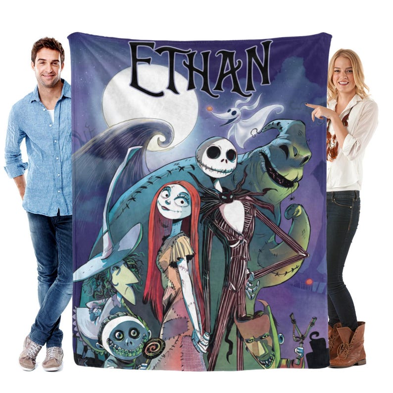 May include: A plush blanket featuring characters from The Nightmare Before Christmas, including Jack Skellington, Sally, and Oogie Boogie, set against a moonlit sky. The name "ETHAN" is displayed in a stylized font at the top.