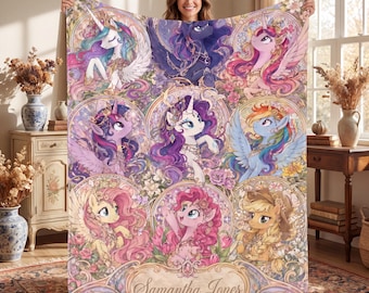 Personalized Magical Pony Flannel Blanket, Custom Unicorn Throw, Stained Glass Floral Art Gift for Girls Bedroom, Fantasy Nursery Decor