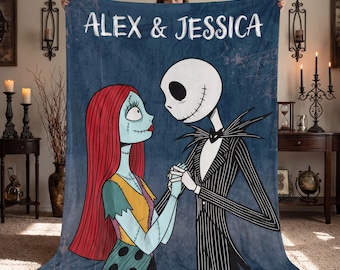 Personalized Jack and Sally Flannel Blanket, Custom Name Couples Gift, Romantic Gothic Bedding, Wedding Anniversary Christmas Gift Him Her