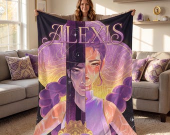 Personalized Flannel Blanket with Custom Name Alexis Split Face Galaxy Fantasy Art Cozy Throw Unique Gift for Friend Women Girl