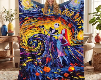 Personalized Flannel Blanket Custom Name Starry Night Jack and Sally Throw Gothic Romantic Couple Art Room Decor Unique Christmas Gift