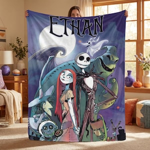Personalized Nightmare Before Christmas Flannel Blanket Custom Name Jack Skellington Sally Throw Halloween Christmas Room Decor Boys Gift image 1