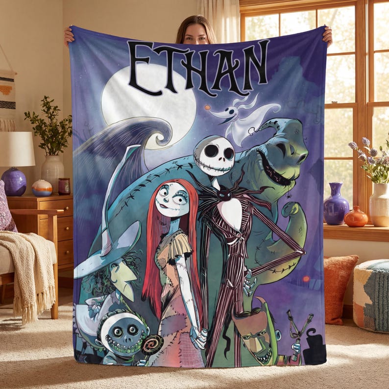 Personalized Nightmare Before Christmas Flannel Blanket Custom Name Jack Skellington Sally Throw Halloween Christmas Room Decor Boys Gift image 1