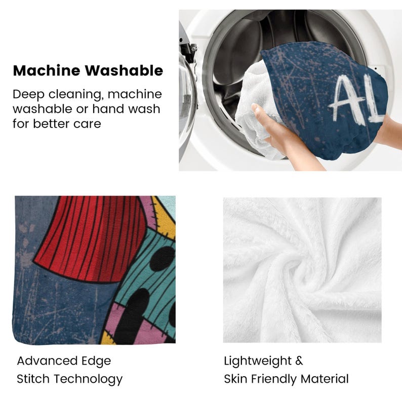 Puede incluir: Una manta azul y blanca con las letras "AL" se coloca en una lavadora. La manta tiene un dise&ntilde;o de patchwork colorido. La imagen tambi&eacute;n muestra el texto "Lavable a m&aacute;quina" y "Material ligero y agradable para la piel."