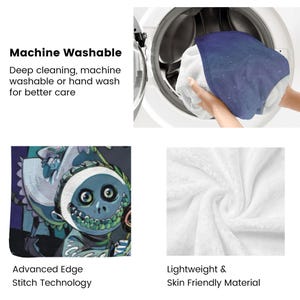 May include: A white and blue blanket with a cartoon character design is being washed in a washing machine. The blanket is machine washable and has advanced edge stitch technology. The blanket is made of lightweight and skin-friendly material.