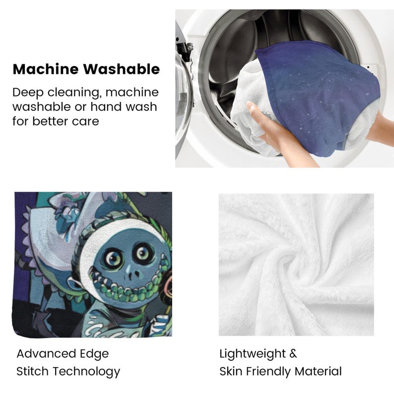 May include: A white and blue blanket with a cartoon character design is being washed in a washing machine. The blanket is machine washable and has advanced edge stitch technology. The blanket is made of lightweight and skin-friendly material.